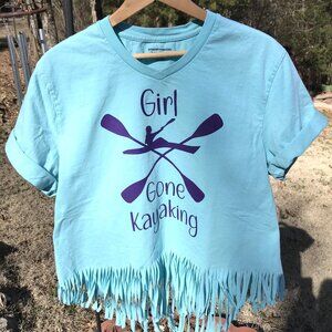 Summer Shirt, Size Large: Upcycled Cut Out Back Top, Edgy Fashion, Girl Kayaking